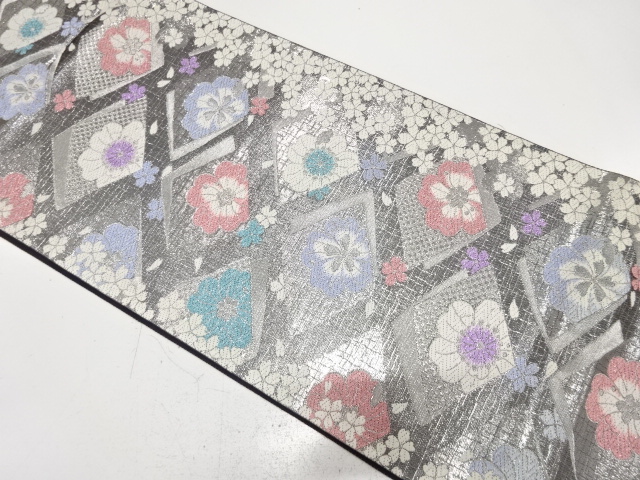 JAPANESE FUKURO OBI FOR FURISODE / WOVEN RHOMBUS & SAKURA